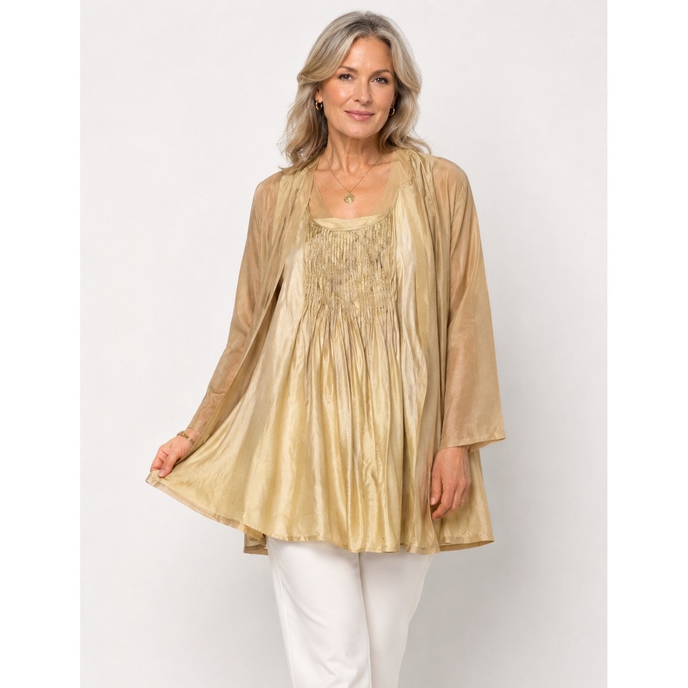 Eileen Fisher Womens XL Gold Metallic Silk Blend Sequin Tunic and Camisole Set
